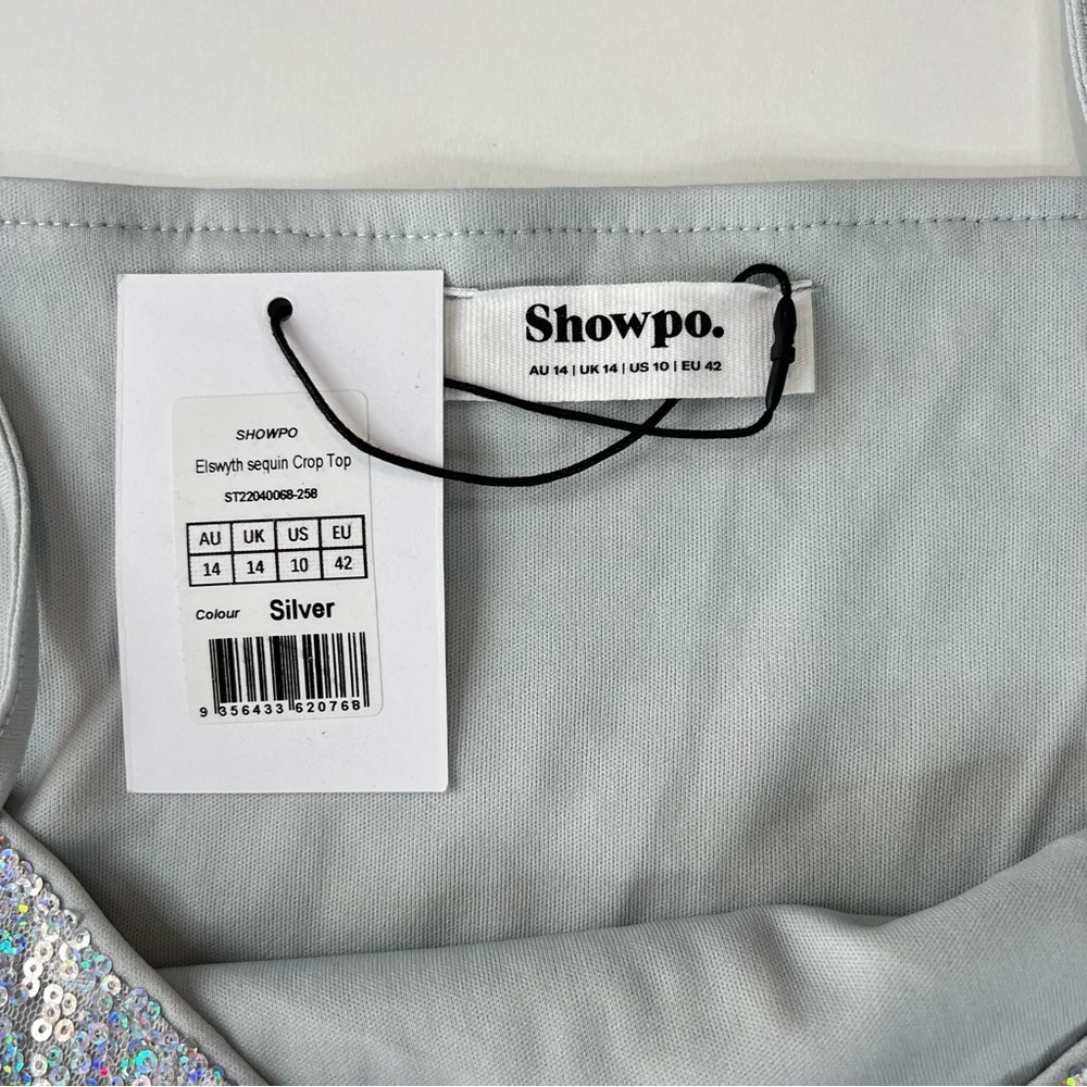 Showpo. Elswyth Sequin Crop Top Iridescent Silver Size 10 - Picture 3 of 9